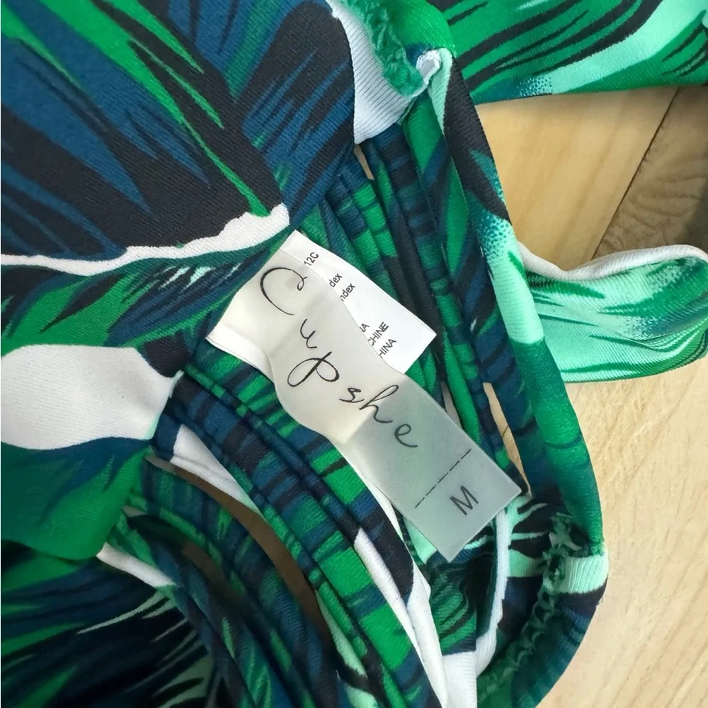 Cupshe Tropical Leaf Bikini Top Medium Green Palm Print High Neck Swimwear